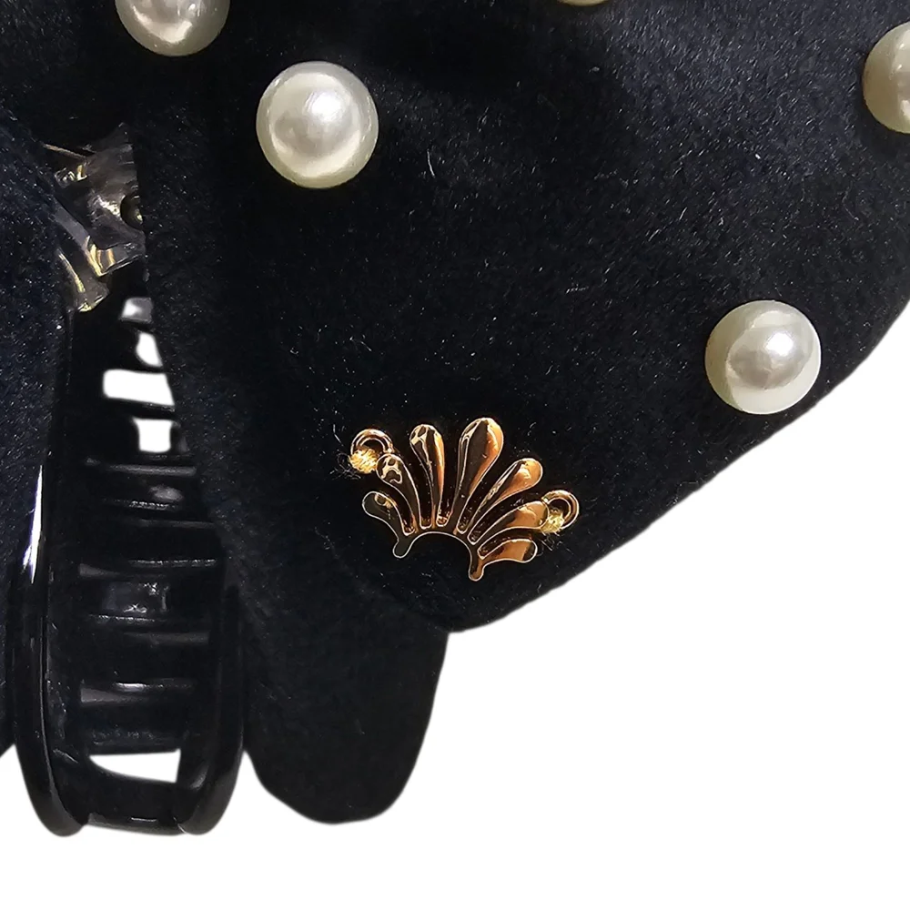 Lele Sadoughi Pearly Velvet Simone Bow Clip Black Pearl Embellished Claw Clip - Picture 3 of 6